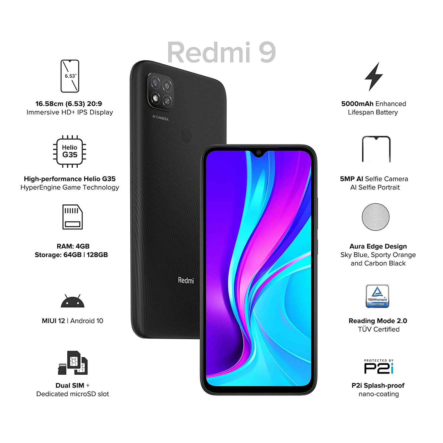 Redmi 9 (Carbon Black, 4GB RAM, 64GB Storage)